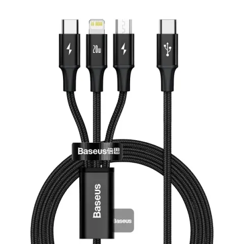 BASEUS Rapid Series 3-in-1 Fast Charging Data Cable Type-C to M+L+C PD 20W 1.5M - Black