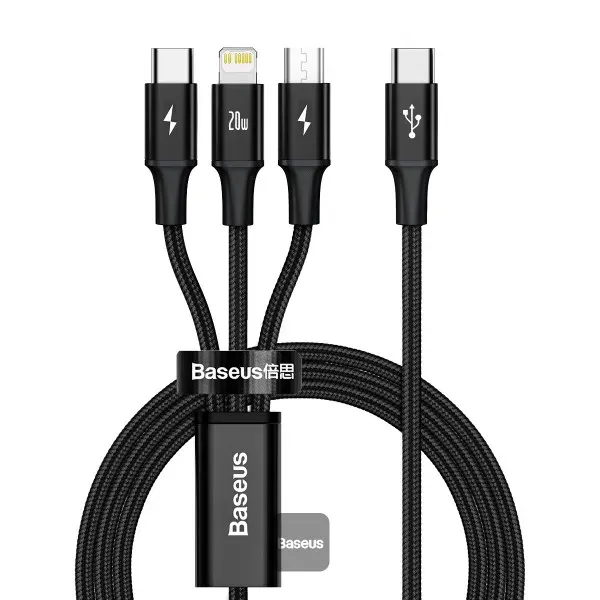 BASEUS Rapid Series 3-in-1 Fast Charging Data Cable Type-C to M+L+C PD 20W 1.5M - Black